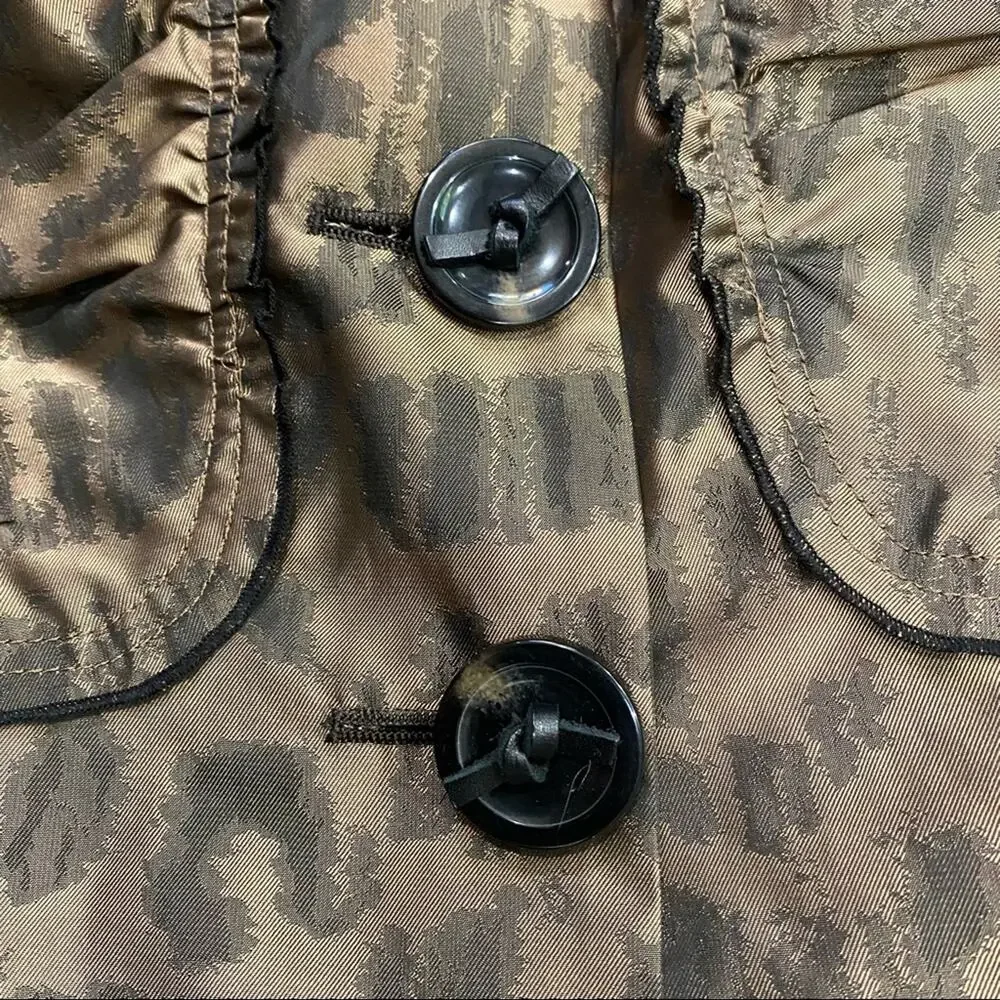 CHICO’S L Shimmery Bronze Taffeta Light Jacket‎ Ruffle Front Thong Tied Buttons
